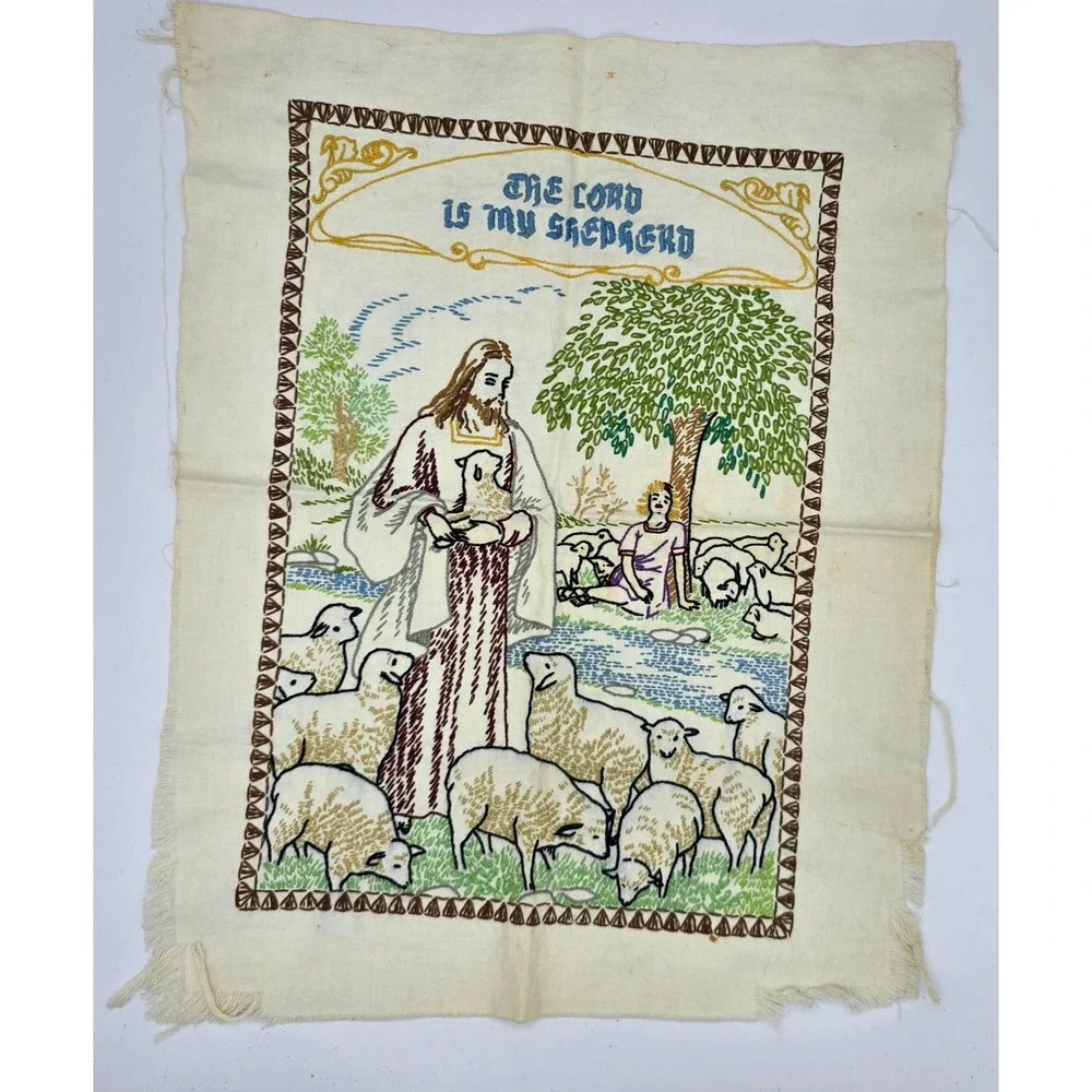 Beautiful Vintage 1940s Hand Embroidered‎ The Lord Is My Shepherd Linen